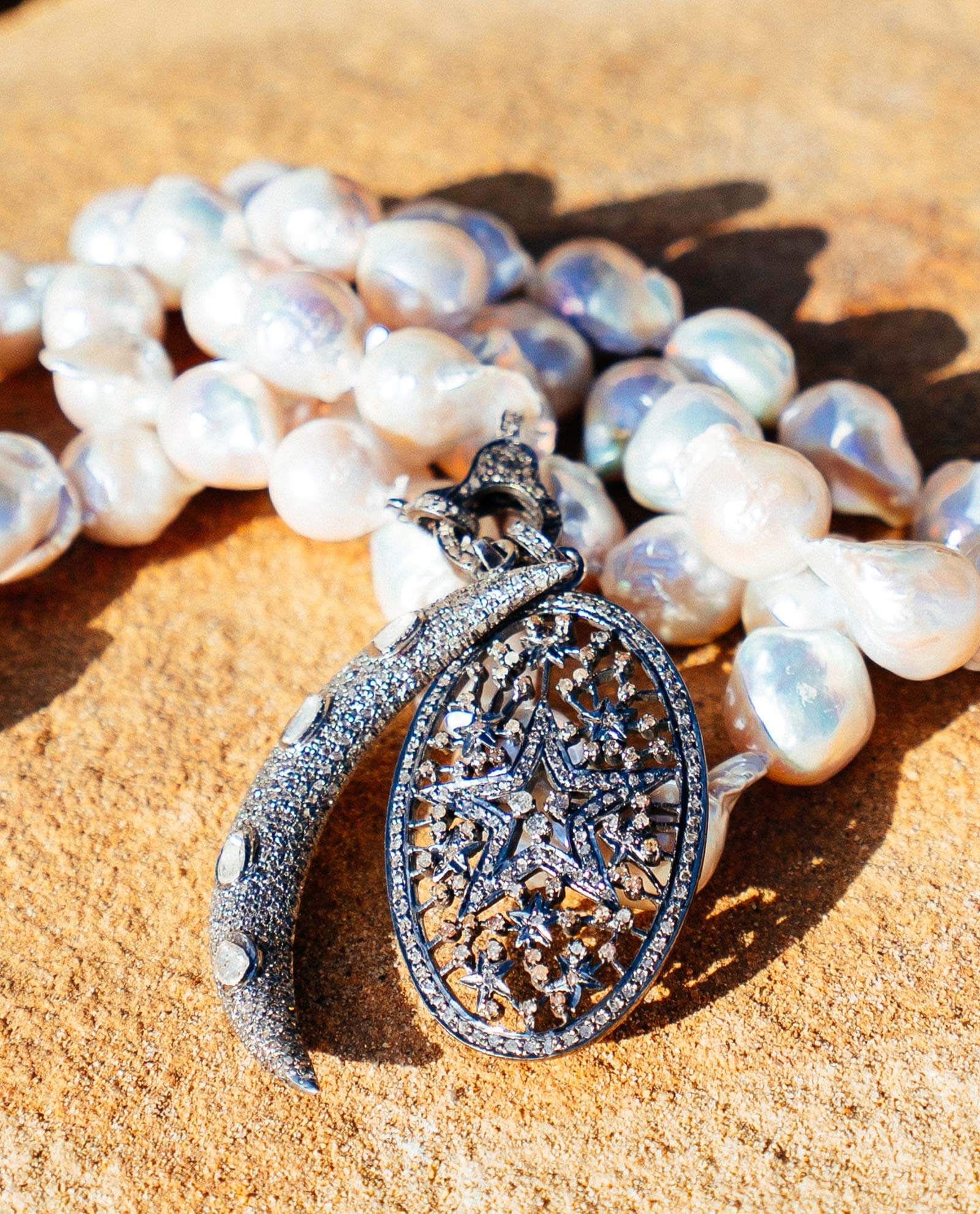 White Pearl13-15 mm Baroque Necklace with Diamond Clasp, Half Moon Diamond Pendant, Star Cluster Diamond Pendant